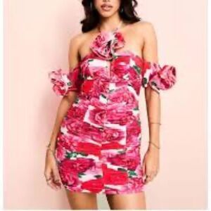ASOS Luxe- Halter Pink Floral Ruched Mini Dress